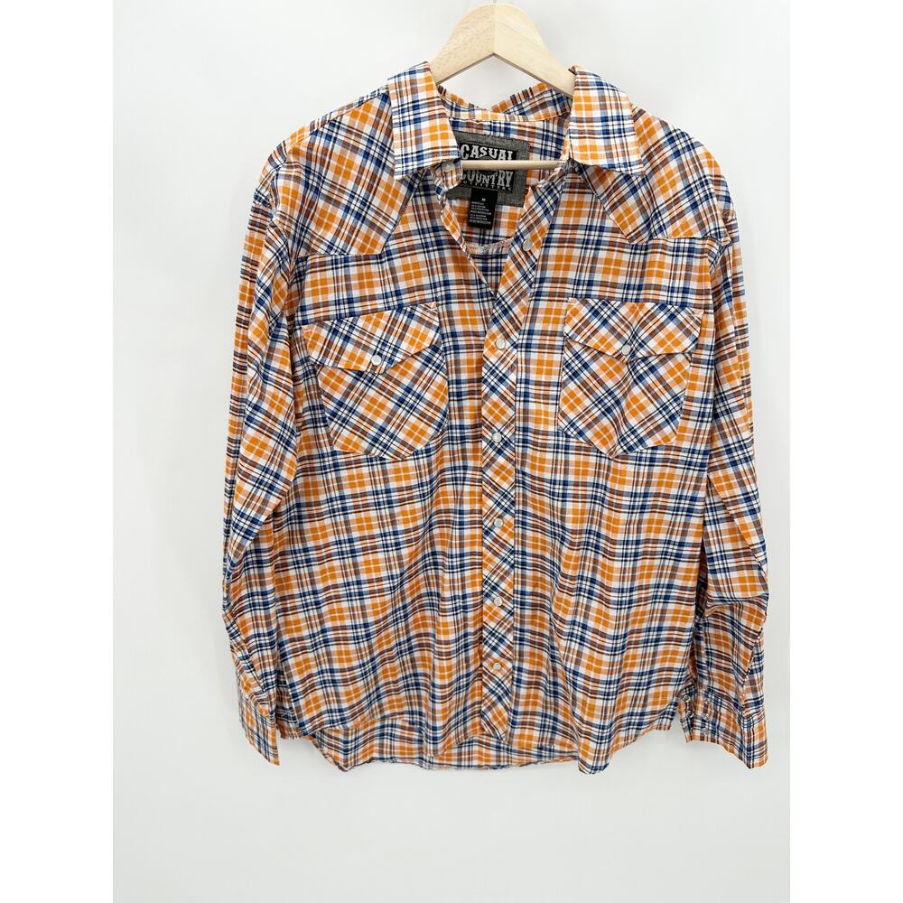 Casual‎ Country Shirt Men MEDIUM Orange Blue Plaid Pearl Snap Button Up